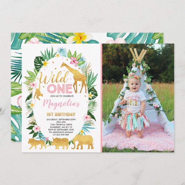 Wild One Birthday Invitation Jungle Animals Party (Front/Back)