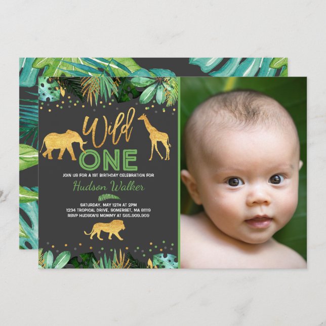 Wild One Birthday Invitation Jungle Animals Party (Front/Back)