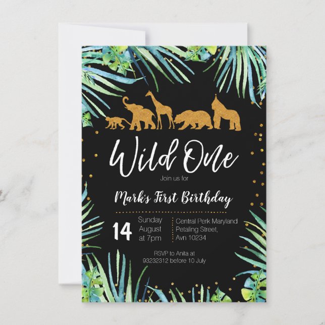 Wild One Birthday Invitation Jungle Party Animals (Front)