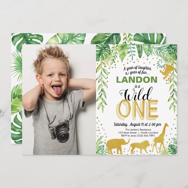 Wild One Birthday Invitation Jungle Safari Animals (Front/Back)