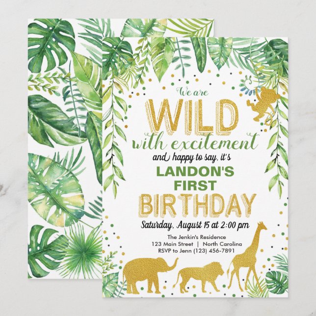 Wild One Birthday Invitation Jungle Safari Animals (Front/Back)
