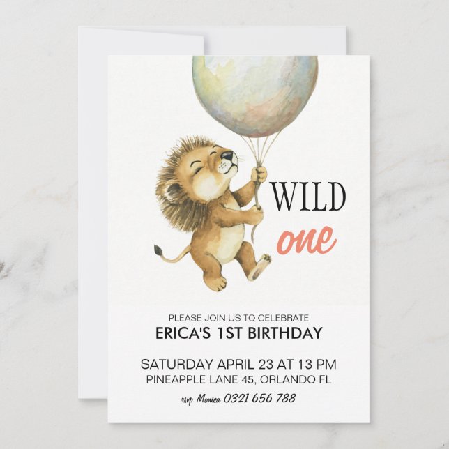 Wild One Birthday Invitation, Lion 1st Birthday  Invitation (Front)