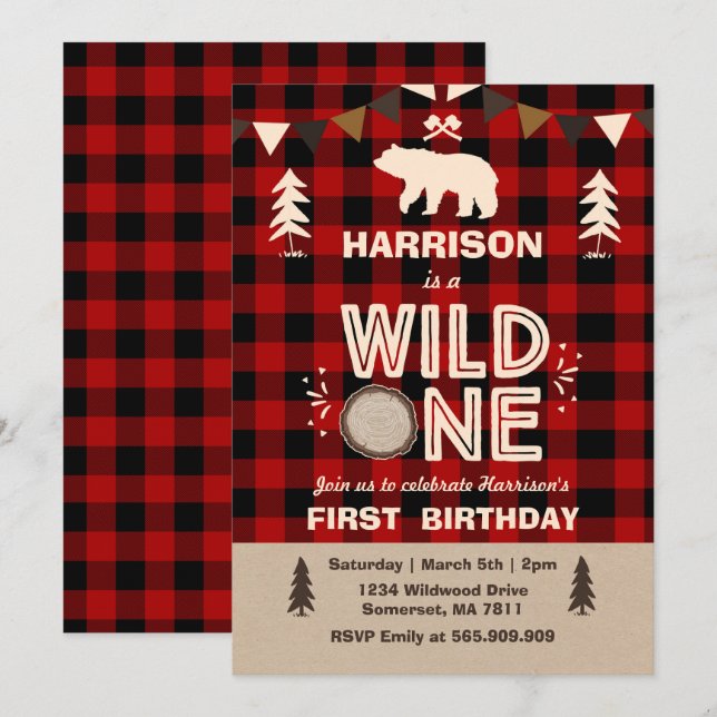 Wild One Birthday Invitation Lumberjack Wild One (Front/Back)