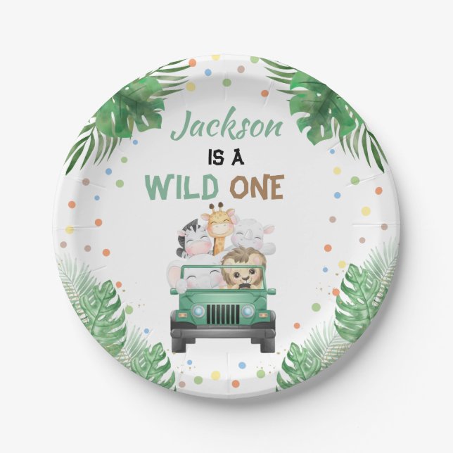 Wild One Birthday Invitation Safari Animals Balloo Paper Plate (Front)