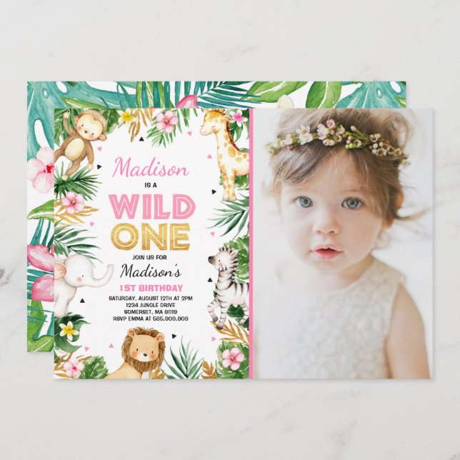 Wild One Birthday Invitation Safari Animals Party (Front/Back)