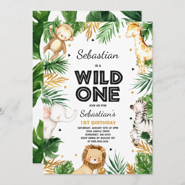 Wild One Birthday Invitation Safari Animals Party (Front/Back)