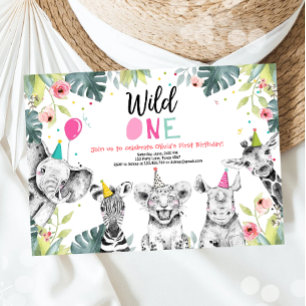 Wild One Birthday Invitation Safari Girl Animals