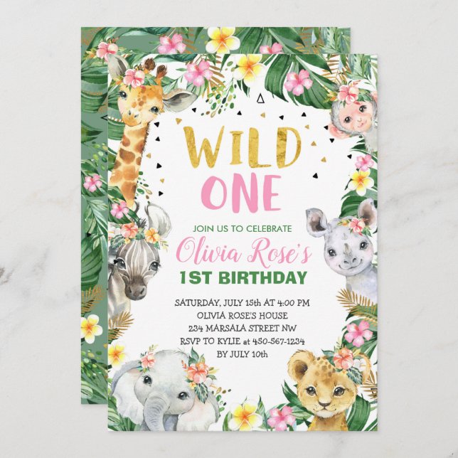 Wild One Birthday Jungle Safari Invitation (Front/Back)