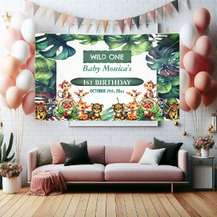 Wild One Birthday Jungle Safari Tropical Leaves Banner