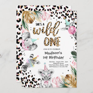 Wild One Birthday Leopard Print Safari Animals Invitation