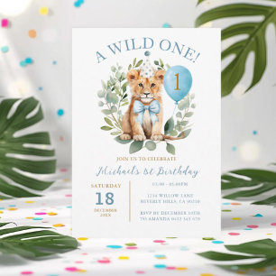 Wild One Birthday Lion Boy Birthday Floral Bow tie Invitation