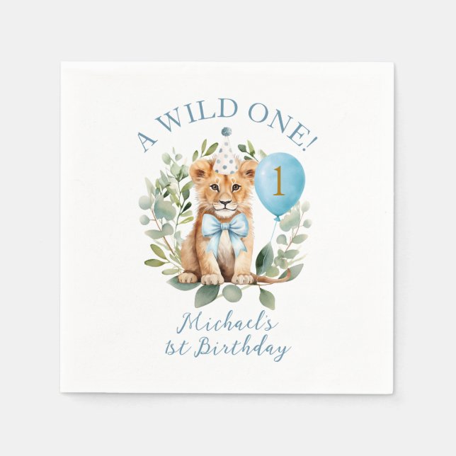 Wild One Birthday Lion Boy Birthday Floral Bow tie Napkin (Front)