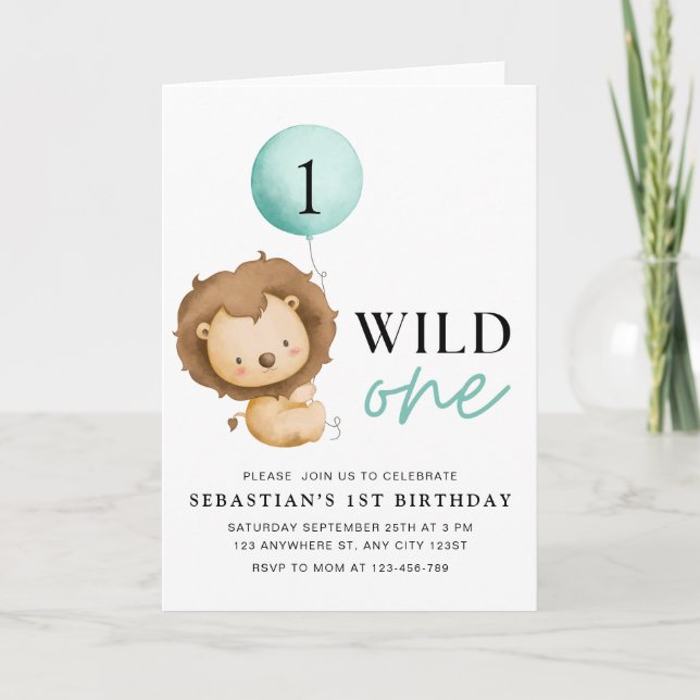 Wild One Birthday Lion Invitation, Zoo Birthday Invitation (Front)