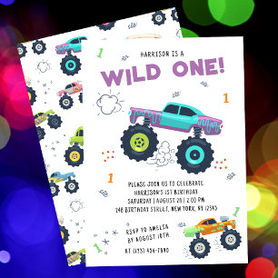 Wild One Birthday Modern Kids Monster Car Trucks Invitation