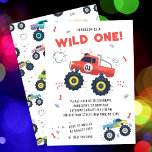 Wild One Birthday Modern Kids Monster Car Trucks Invitation<br><div class="desc">Wild One Birthday Modern Kids Monster Car Trucks Invitation features cute and colourful monster car trucks with the text "Wild One" in modern red typography script accented with the number 1 and doodles. Perfect for kids first birthday party celebrations. Send in the mail or simply download the shareable downloadable digital...</div>