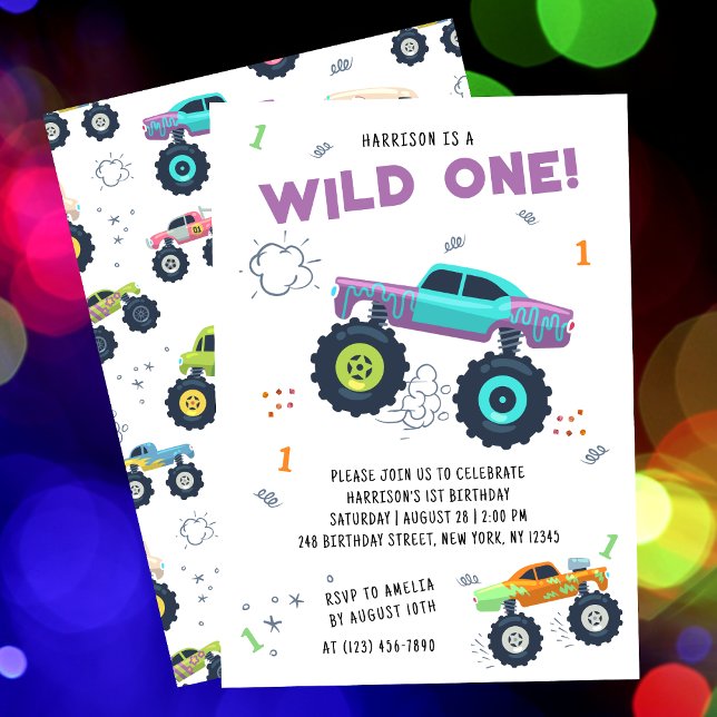 Wild One Birthday Modern Kids Monster Car Trucks Invitation (Creator Uploaded)