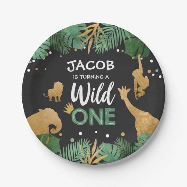 Wild one birthday Paper Plates Safari Animals Gold (Front)