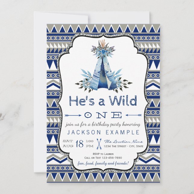 Wild One Birthday Party Blue Teepee First Birthday Invitation (Front)