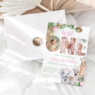 Wild One Birthday Pink Girl Safari Animal Photo Invitation