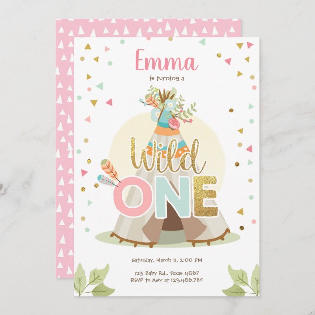 Wild One Birthday Teepee Boho Tribal Pink Girl Invitation (Front/Back)