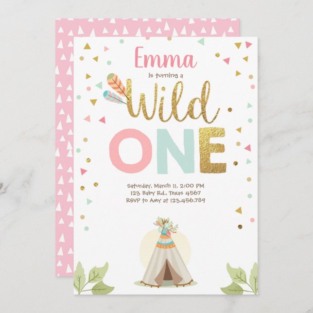 Wild One Birthday Teepee Boho Tribal Pink Girl Invitation (Front/Back)