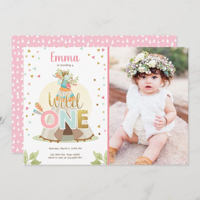 Wild One Birthday Teepee Boho Tribal Pink Girl Invitation (Front/Back)