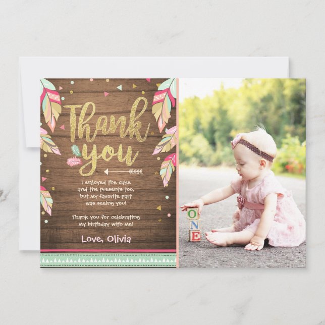 Wild One birthday Thank you card pink gold Girl (Front)