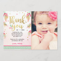 Wild One birthday Thank you card pink gold Girl