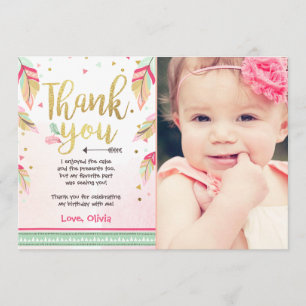 Wild One birthday Thank you card pink gold Girl