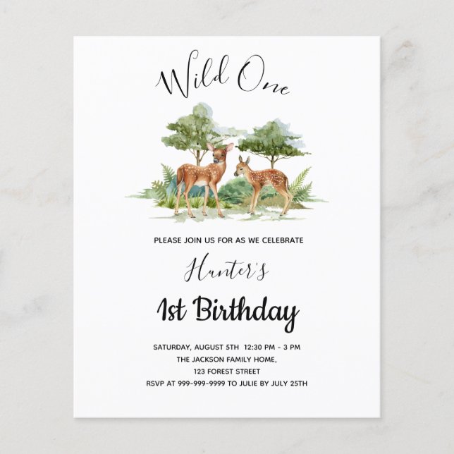 Wild One birthday woodland forest animals budget Flyer (Front)