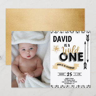 Wild One Black & Gold Boy 1st Birthday Photo Invitation