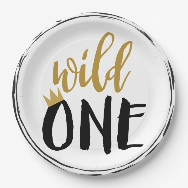 Wild One Black + Gold Photo 1 1st Birthday Paper Plate (Front)