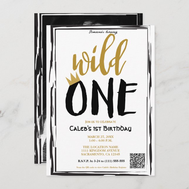 Wild One Black + Gold Photo 1 1st Birthday QR code Invitation (Front/Back)