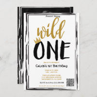 Wild One Black + Gold Photo 1 1st Birthday QR code