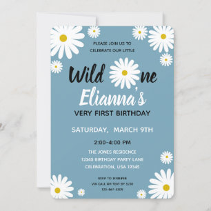 Wild ONE Blue Daisy Flower Girl Birthday Invitation