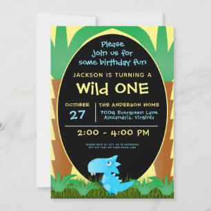 Wild ONE Blue Dinosaur Boy 1st Birthday Invitation