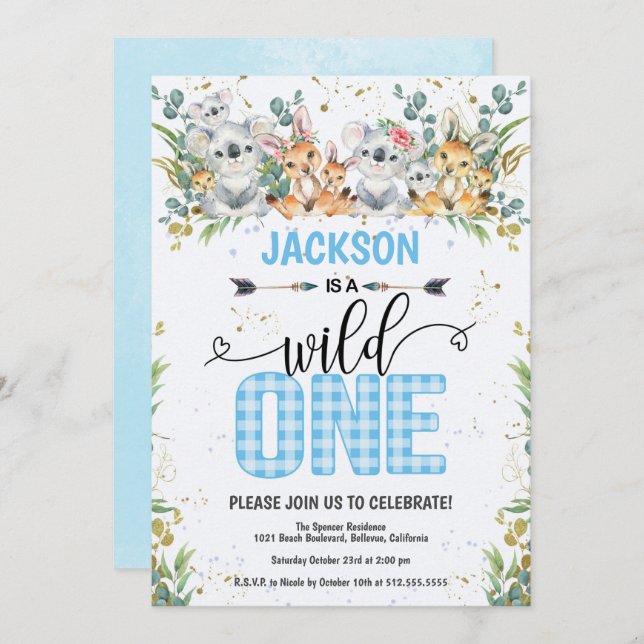 Wild One Blue Gingham Safari 1st Birthday Invitation (Front/Back)
