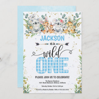 Wild One Blue Gingham Safari 1st Birthday Invitation