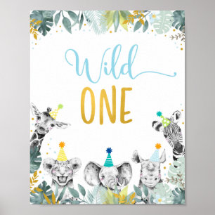 Wild One Blue Gold Party Animal Birthday Sign