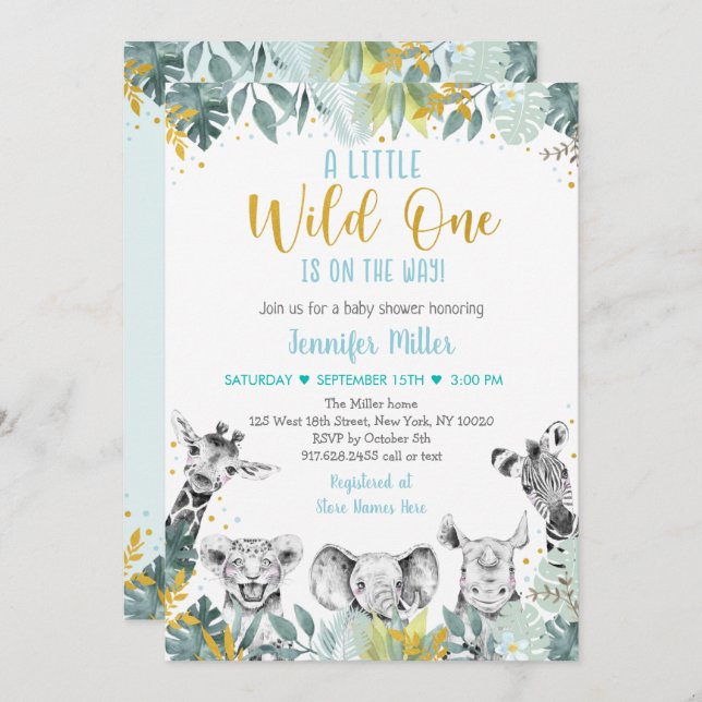 Wild One Blue Gold Safari Baby Shower Invitation (Front/Back)