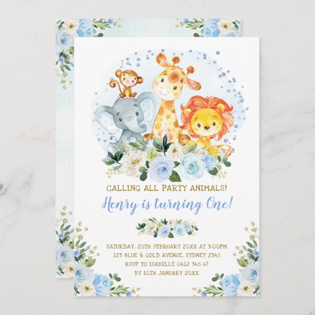 Wild One Blue Jungle Safari Animals 1st Birthday Invitation (Front/Back)