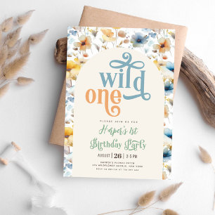 wild one blue yellow wild flower 1st Birthday Invitation