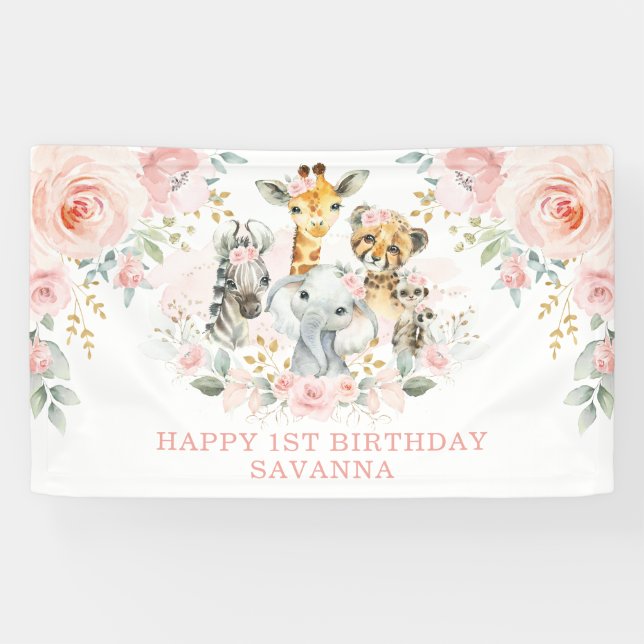 Wild One Blush Floral Jungle Birthday Girl Party Banner (Horizontal)