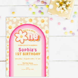 Wild One Boho Daisy Rainbow First Birthday Invitation
