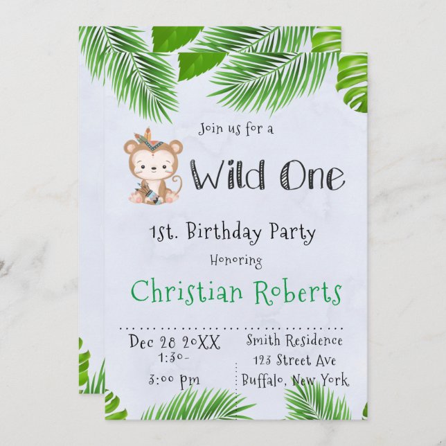 Wild One Boho Monkey Birthday Party Invitation (Front/Back)
