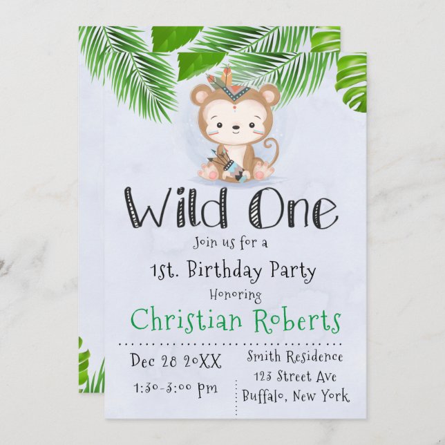 Wild One Boho Monkey Birthday Party Invitation (Front/Back)
