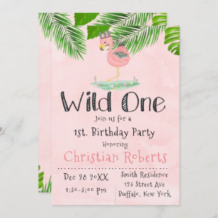 Wild One Boho Pink Flamingo Birthday Party  Invitation