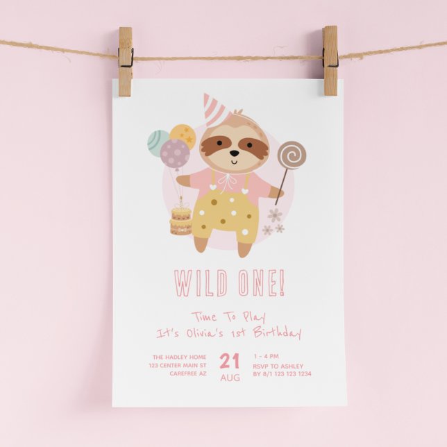 Wild One Boho Sloth Pink 1st Birthday Invitation (Creator Uploaded)