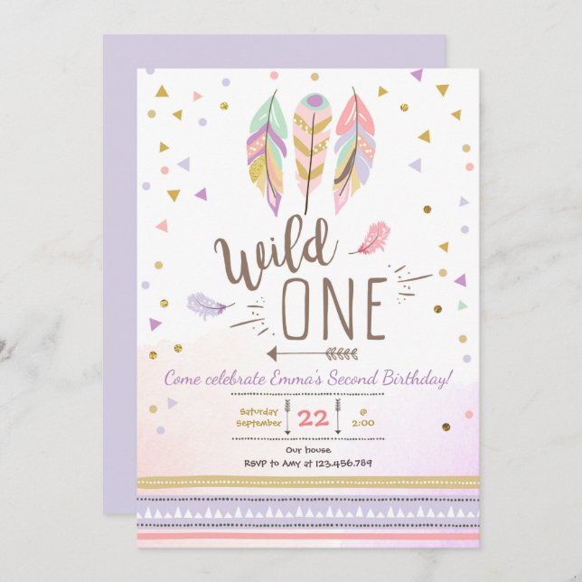 Wild One Boho Tribal Girl Purple Gold Feathers Invitation (Front/Back)