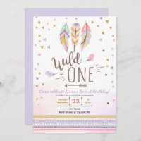 Wild One Boho Tribal Girl Purple Gold Feathers